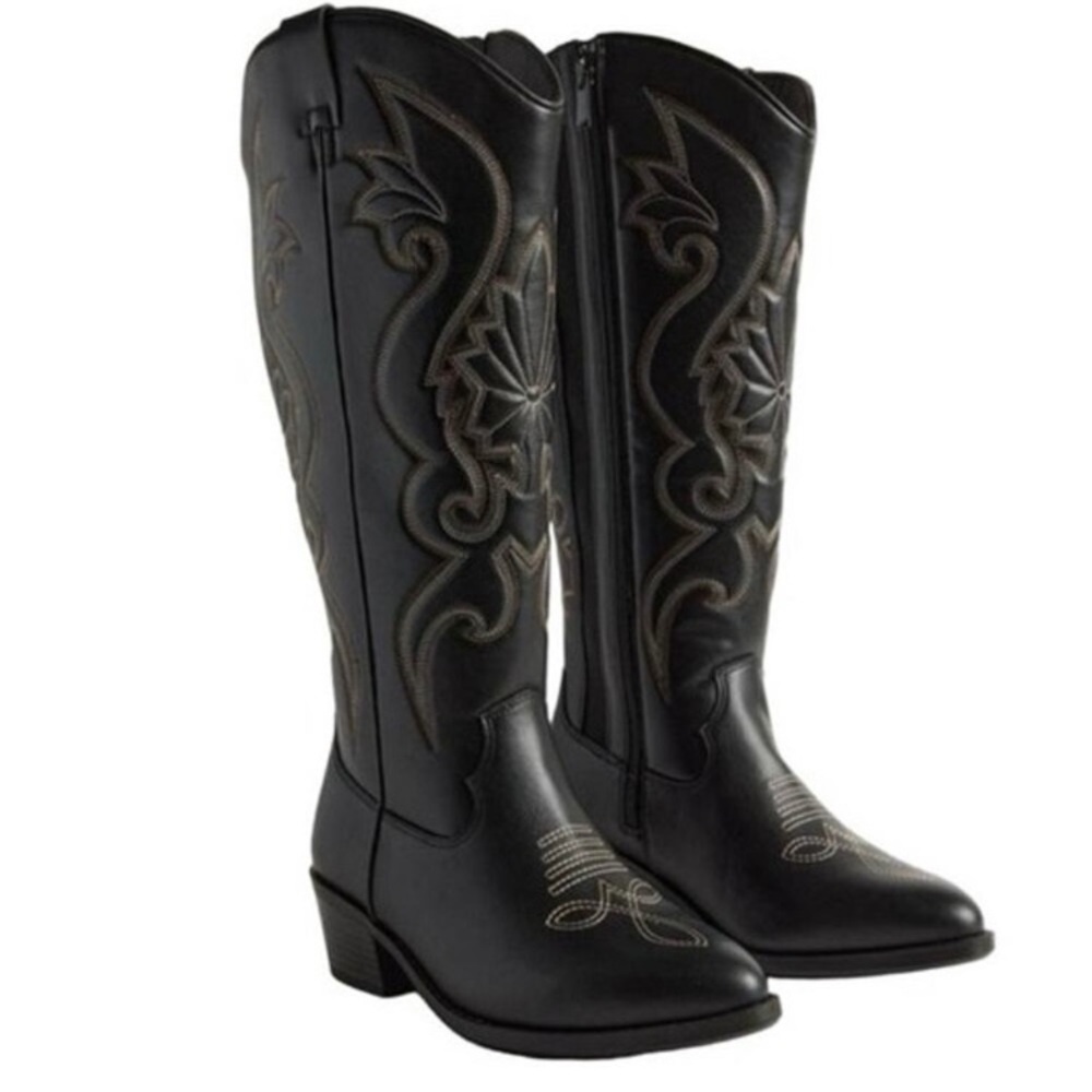 Torrid Black Heeled Boots with Embroidered Design